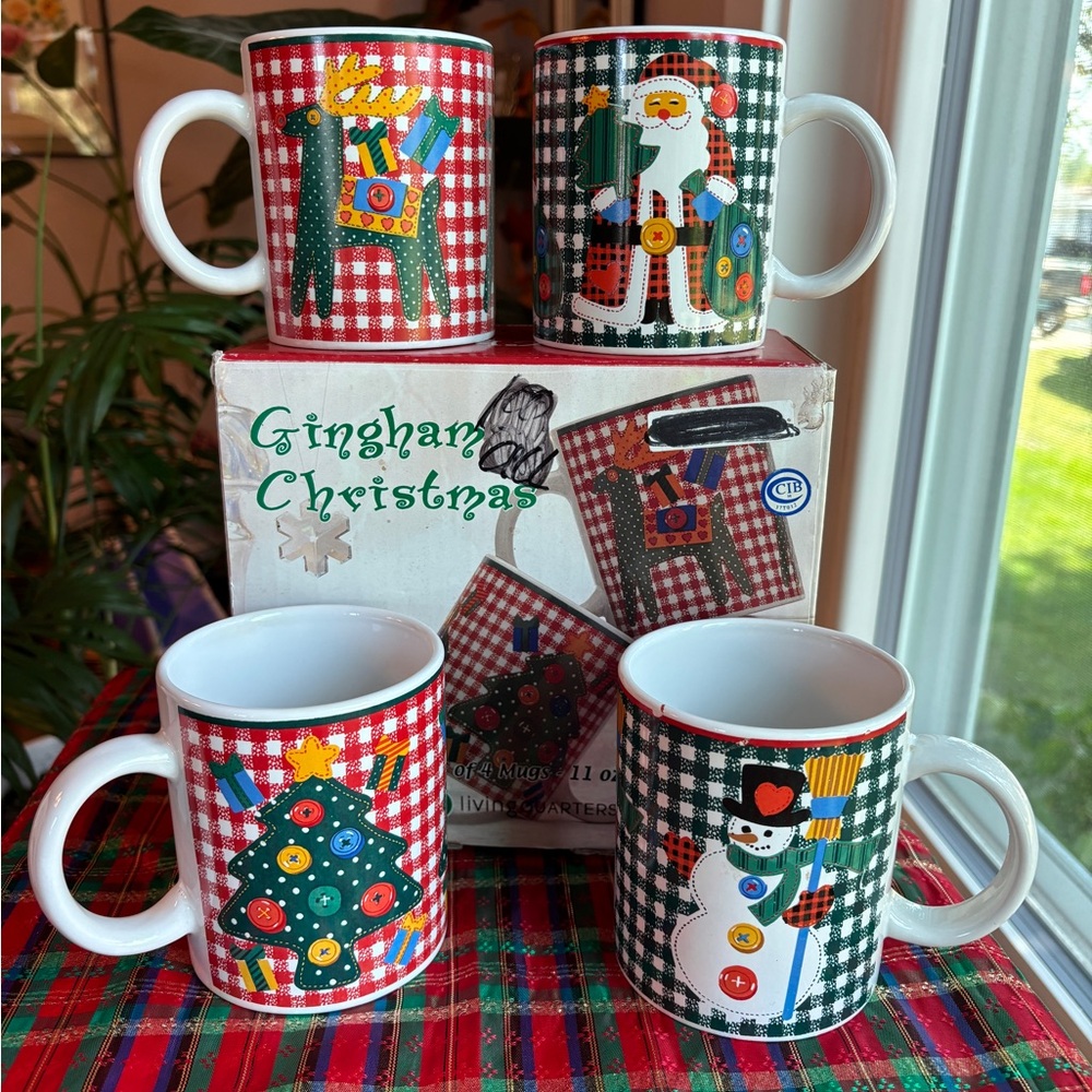 Gingham Christmas Holiday Mugs (Set of 4) Stoneware by Living Quarters